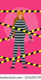 Mujer prisionera atrapada en la Ilustración vectorial de acto en el fondo de la cinta de precaución. Violación de seguridad. Adecuado para contenido de delitos y leyes