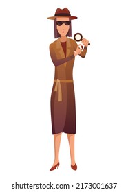 Female private detective or inspector investigate crime and look for evidence. Detective character with magnifying glass cartoon flat style. Investigator in hat and coat solving crime