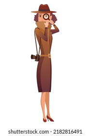 Female private detective or inspector investigate crime and look for evidence. Detective character with magnifying glass cartoon flat style. Investigator in hat and coat solving crime