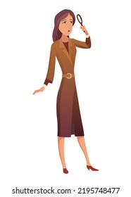 Female private detective or inspector investigate crime and look for evidence. Detective character with magnifying glass cartoon flat style. Investigator solving crime