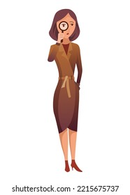 Female private detective or inspector investigate crime and look for evidence. Detective character with magnifying glass cartoon flat style. Investigator solving crime