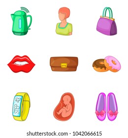 Female problem icons set. Cartoon set of 9 female problem vector icons for web isolated on white background
