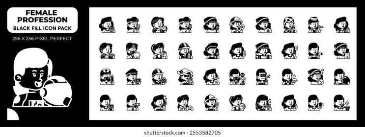 Female Profession Black Fill Icons Pack, Contain Such Icons as teacher, Businesswoman,Babysitter and more