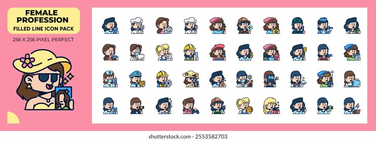 Female Profession Filled Line Icons Pack, Contain Such Icons as teacher, Businesswoman,Babysitter and more