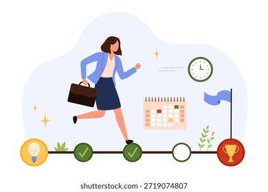Profesional femenino que avanza a lo largo de un camino de progreso con el calendario, el reloj, las marcas de verificación y el trofeo que simbolizan el logro de la meta, la gestión del tiempo y la Ilustración vectorial aislada del éxito