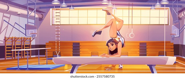 Female professional artistic gymnast in leotard doing acrobatic balance element on hands on beam in sport gym interior. Cartoon vector illustration of young girl in gymnasium making handstand figure.