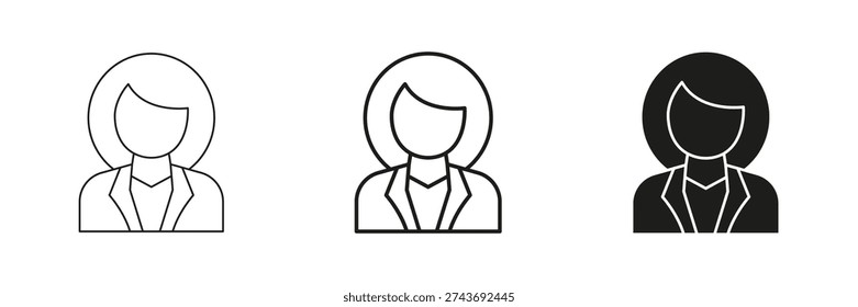 Female Professional Avatar Line And Solid Icon Set. Businesswoman, Corporate Identity, And Career Outline And Silhouette Symbol Collection. Isolated Vector Illustration.