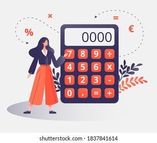 Female professional with calculator for math operations, budget, analytics, data, income, finance. Completely editable vector illustration. Finance, calculations and economy concept.