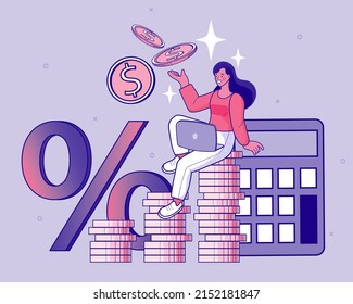 Female professional with calculator for math operations Balance financial value, management and administration concept. Characters, people engineering a plan. budget, analytics, income. vector outline