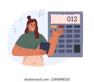 Female professional with calculator for math operations. Mathematician use the device to calculate mathematical formulas and calculation. Mathematician concept