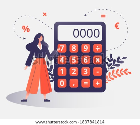 Female professional with calculator for math operations, budget, analytics, data, income, finance. Completely editable vector illustration. Finance, calculations and economy concept.