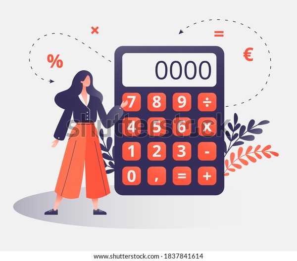 Female professional with calculator for math\
operations, budget, analytics, data, income, finance. Completely\
editable vector illustration. Finance, calculations and economy\
concept.