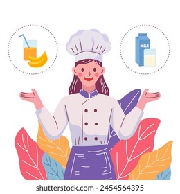 female professional chef comparing milk and banana juice, health, lifestyle, routine, isolated on white background