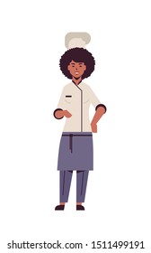 female professional chef cook standing pose african american woman restaurant kitchen worker in uniform cooking food concept flat full length vertical