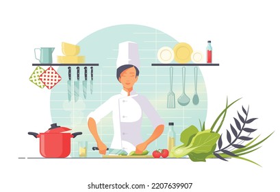 female professional chef cooking food in kitchen of restaurant. A young woman is cutting the vegetables for salad in the kitchen and preparing the soup. Kitchen utensils, spices and sauces, ingredient