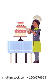 Female Professional Chef Pastry Cook Decorating Tasty Wedding Cream Cake African American Woman Restaurant Worker In Uniform Cooking Food Concept Flat Full Length Vertical