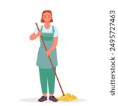 Female professional cleaner holding mop or broom to clean floor. Young busy woman in janitor costume and apron washing, girl worker of cleaning service housekeeping cartoon vector illustration