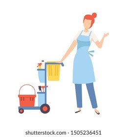 Female Professional Cleaner with Janitor Cart Full of Supplies and Equipment, Cleaning Company Staff Character Dressed in Uniform with Equipment Flat Vector Illustration
