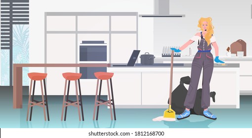 female professional cleaner woman janitor with cleaning equipment mopping floor modern kitchen interior full length horizontal vector illustration