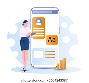 Female professional with documents standing next to a large smartphone interface, flat style, on abstract circular background. Concept of app design. Vector illustration