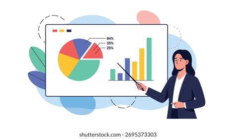 Uma profissional feminina explica dados financeiros e análises de negócios em uma tela com gráficos de pizza e barras durante uma apresentação.