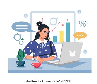 A female professional financial expert conducts an online consultation. Accounting consulting, financial management, reporting, taxes. Vector business illustration