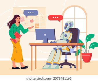 A female professional with a folder talks to a robot seated at a desk in an office, emphasizing AI collaboration and workplace innovation. Vector illustration