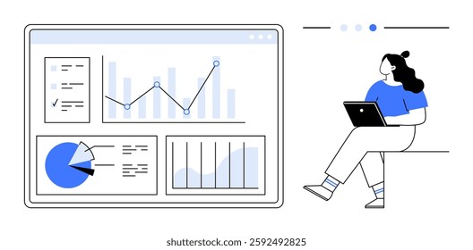 Female professional with laptop analyzing visual data on dashboard featuring pie charts, bar charts, line graphs, and analytics. Ideal for business analysis, data visualization, tech presentations