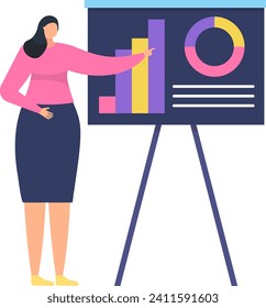 Female professional presenting graph and data analysis during business meeting. Confident woman explaining charts. Presentation and corporate environment vector illustration.