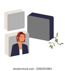 Female Professional In Profile With UI Interface Blocks In Flat Vector Illustration Symbolizing Digital Identity, Online Presence, And User Profile, Isolated On White Background.