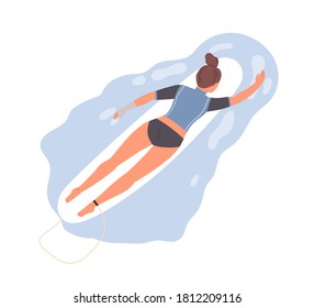 Female professional surfer lying on surfboard swimming on tide vector flat illustration. Woman enjoying seasonal extreme water sport isolated on white. Sportswoman at sea or ocean top view