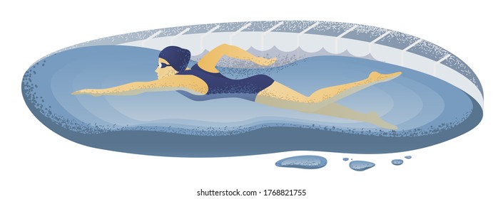 Female professional swimmer in blue cap underwater in swimming pool. Abstract vector art isolated.