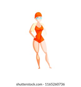 Female professional swimmer in swimsuit and cap, active sport lifestyle vector Illustration on a white background