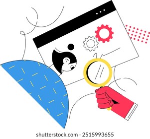 A female professional uses a magnifying glass to make an online search in a digital workspace, emphasizing research and analysis. Flat vector illustration with gears representing settings and tools.