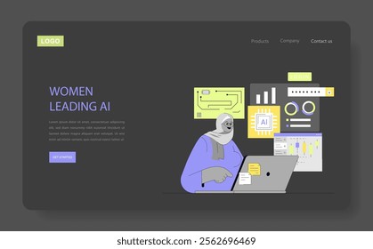 Female professional working on artificial intelligence projects depicted within a technology interface. Empowering inclusion in tech. Vector illustration.