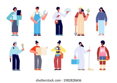 Female professionals characters. Working professions, woman career group. Professional uniform, smart doctor gardening business lady utter vector set