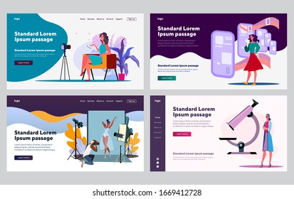 Female professionals in different occupation set. Vlogger, photo model, doctor in lab. Flat vector illustrations. Work, job, specialist concept for banner, website design or landing web page