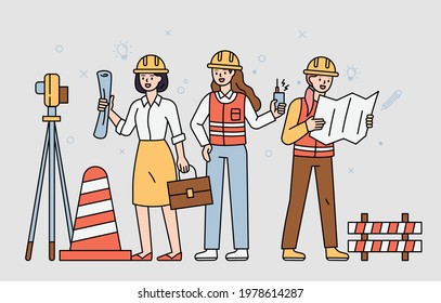 Female professionals working at the construction site. flat design style minimal vector illustration.