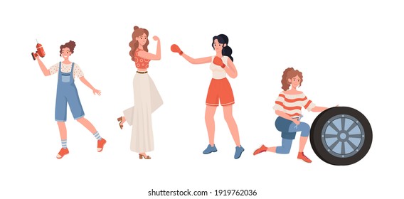 Female professions vector flat illustration . Woman engaged in boxing, repairs breakdowns, change car wheel. Strong, self sufficient, and independent women. Feminism, International Woman Day.