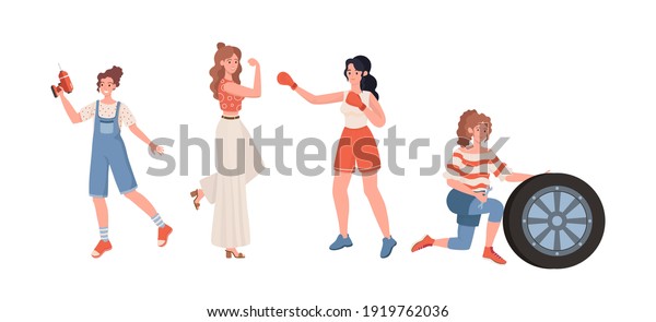 Female professions vector flat illustration . Woman\
engaged in boxing, repairs breakdowns, change car wheel. Strong,\
self sufficient, and independent women. Feminism, International\
Woman Day.