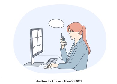 Female Professions, working as security guard concept. Young woman professional security specialist communicating on radio and looking at computer screen. Job, specialist, working sphere illustration 