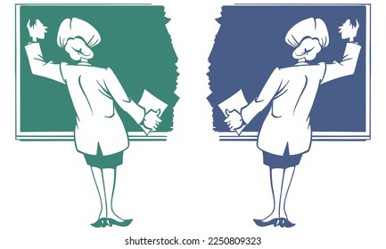 Female Professor Teach At Blackboard Vector Illustration. Woman Teacher