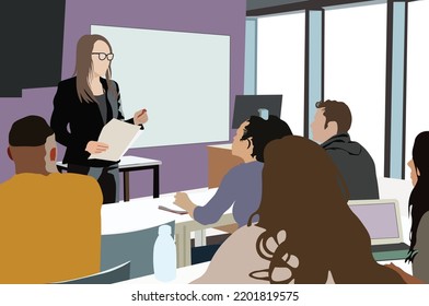 Female professors lecturing university students in class room.