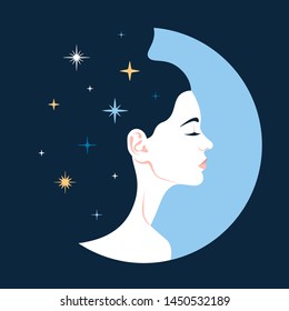 Female profile adorned with stars. The face of the girl with her eyes closed. Universe and space. Fashionable portrait. Vector flat illustration