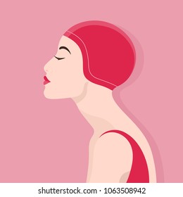 Female profile. Asian girl in a rubber cap for the pool. Vector Flat Illustration