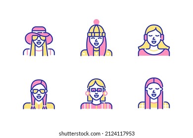 Female profile avatar icons set. Girl in hat, pom pom winter cap, listening to music in headphones. Pixel perfect, editable stroke, fun color 