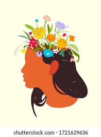 Female profile with blossom flowers in the head. Concept of wellness and happiness. Flat graphic, hand drawn vector illustration.