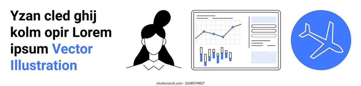 Female profile with bun hairstyle, computer screen with chart and graphs, airplane icon in blue circle. Ideal for business travel, data analysis, tech industry, women in STEM, travel planning