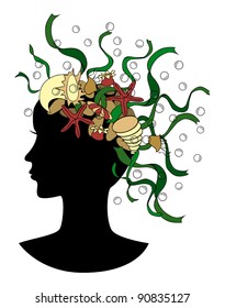 Female profile with cartoon marine elements