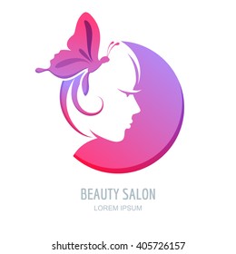 Female profile in circle shape. Woman with purple butterfly in hair. Vector beauty logo, label design elements. Woman face symbol. Trendy concept for beauty salon, massage, spa, natural cosmetics.